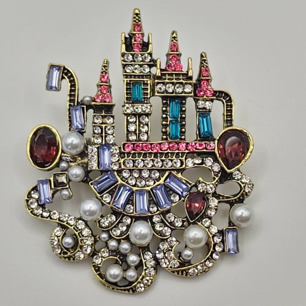 Castle in the Clouds Brooch Gold Tone Metal Colorful Rhinestones & Faux Pearls